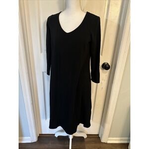 Eileen Fisher Sz MP Black Tencel Wool Cashmere Knit V-Neck Dress Lux